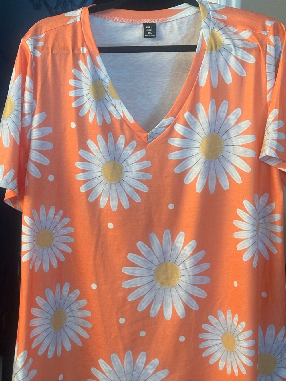 SHEIN Orange Daisy-Print V-Neck Short Sleeve Top